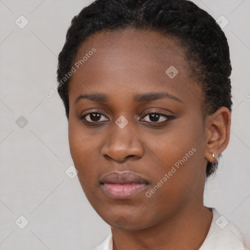 Neutral black young-adult female with short  black hair and brown eyes