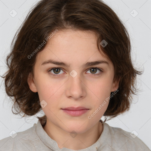 Neutral white young-adult female with medium  brown hair and brown eyes