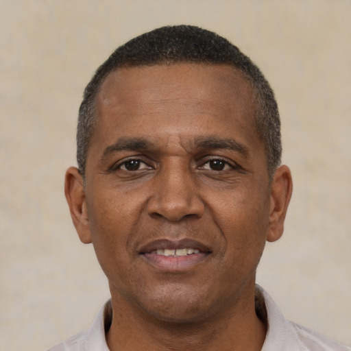 Neutral black adult male with short  black hair and brown eyes