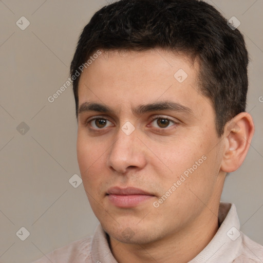 Neutral white young-adult male with short  brown hair and brown eyes