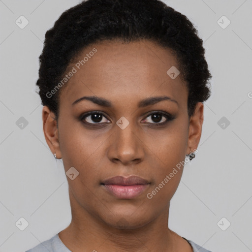 Neutral black young-adult female with short  black hair and brown eyes