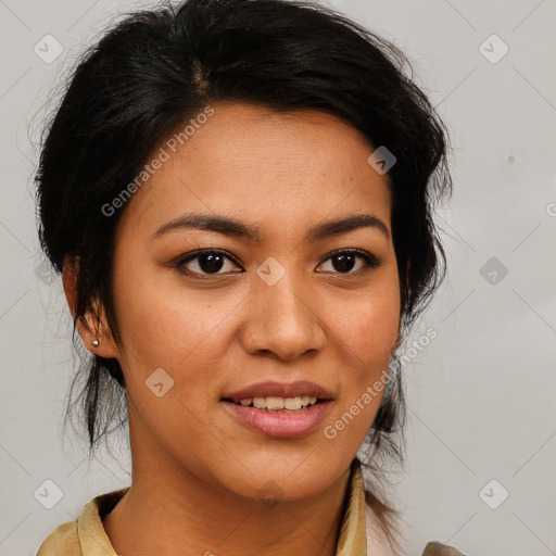 Joyful latino young-adult female with medium  brown hair and brown eyes