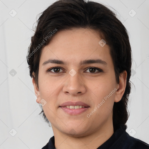 Joyful white young-adult female with short  brown hair and brown eyes