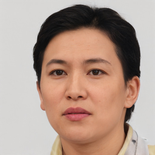 Neutral asian adult female with short  brown hair and brown eyes