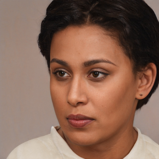 Neutral latino young-adult female with short  brown hair and brown eyes