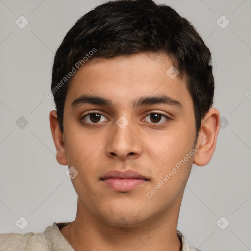 Neutral latino young-adult male with short  brown hair and brown eyes