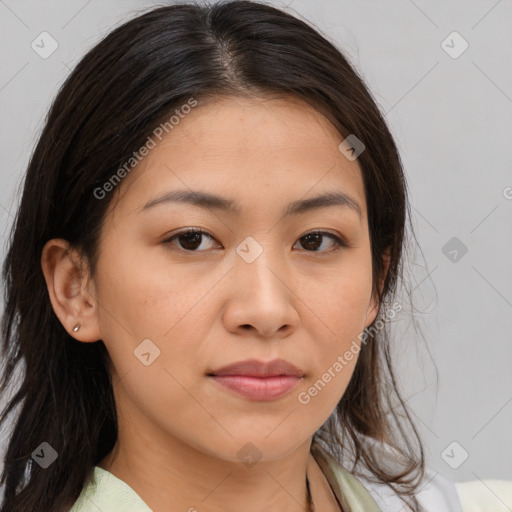 Neutral asian young-adult female with medium  brown hair and brown eyes