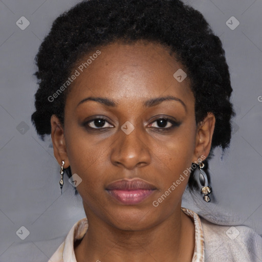 Neutral black young-adult female with short  black hair and brown eyes