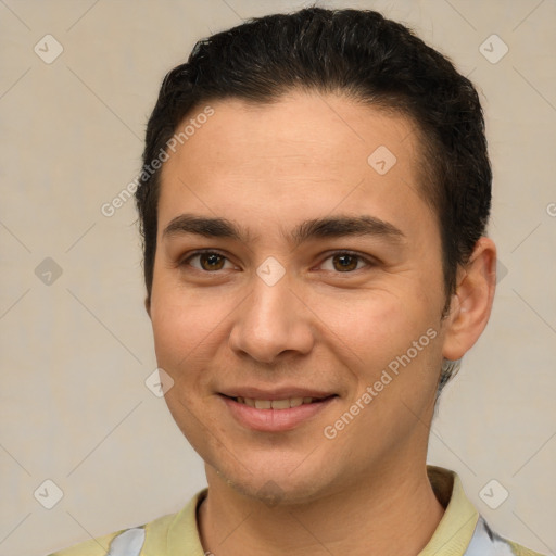 Joyful white young-adult male with short  brown hair and brown eyes