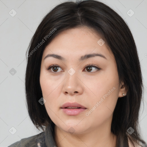 Neutral white young-adult female with medium  brown hair and brown eyes