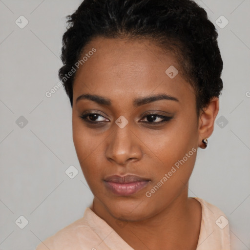 Neutral black young-adult female with short  black hair and brown eyes