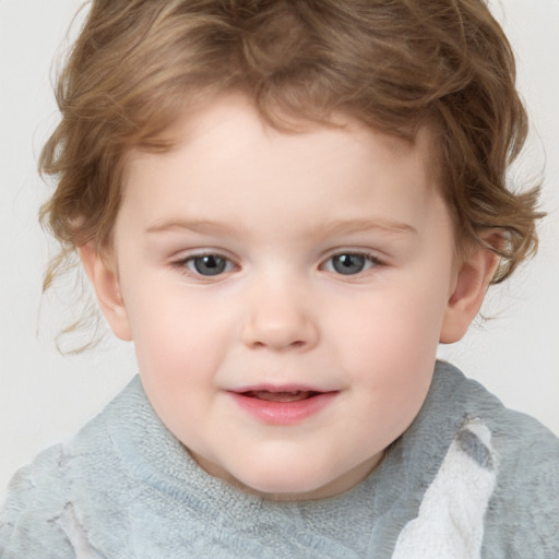 Joyful white child female with short  brown hair and grey eyes