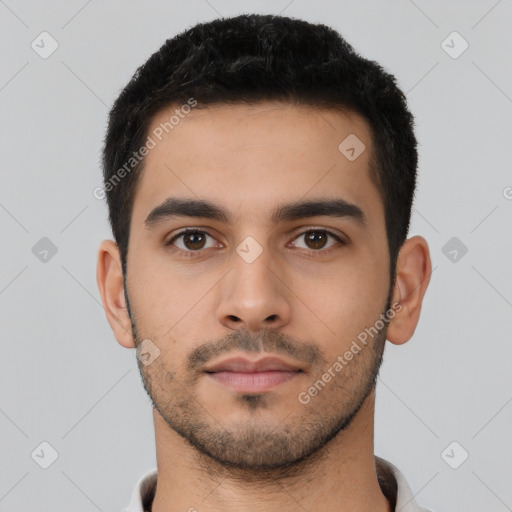 Neutral latino young-adult male with short  black hair and brown eyes