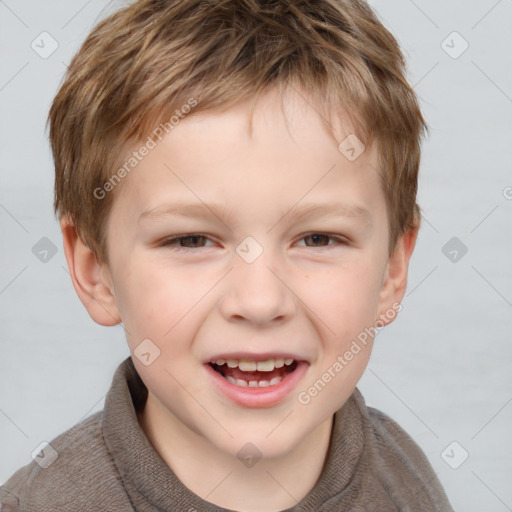 Joyful white child male with short  brown hair and brown eyes