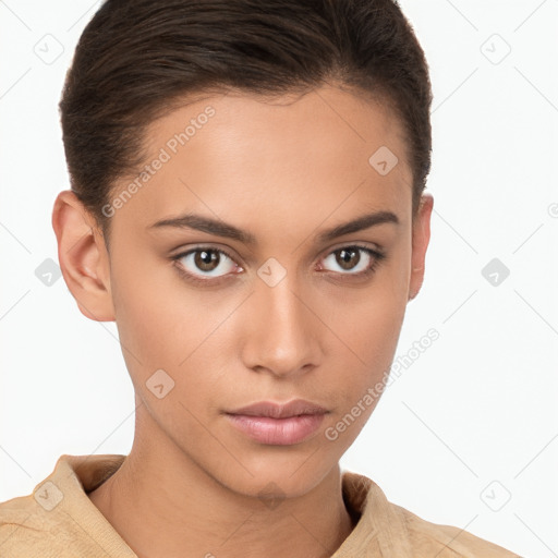 Neutral white young-adult female with short  brown hair and brown eyes