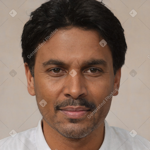 Joyful latino adult male with short  black hair and brown eyes