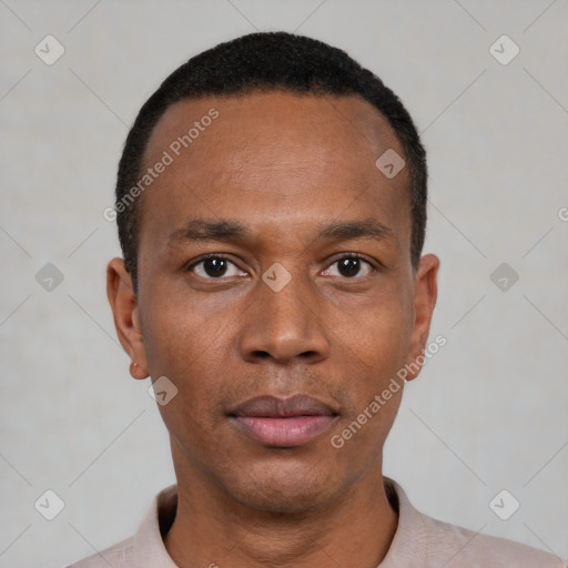 Neutral black young-adult male with short  black hair and brown eyes