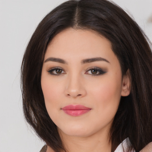 Neutral asian young-adult female with long  brown hair and brown eyes