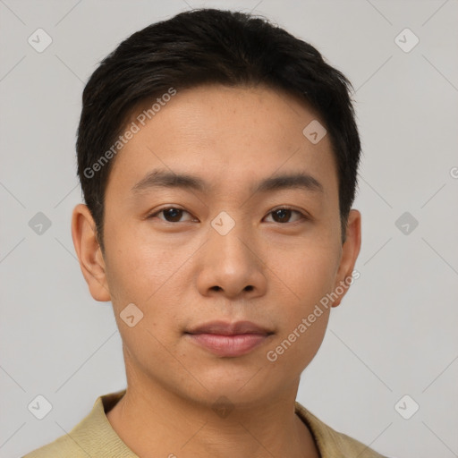 Neutral asian young-adult male with short  black hair and brown eyes