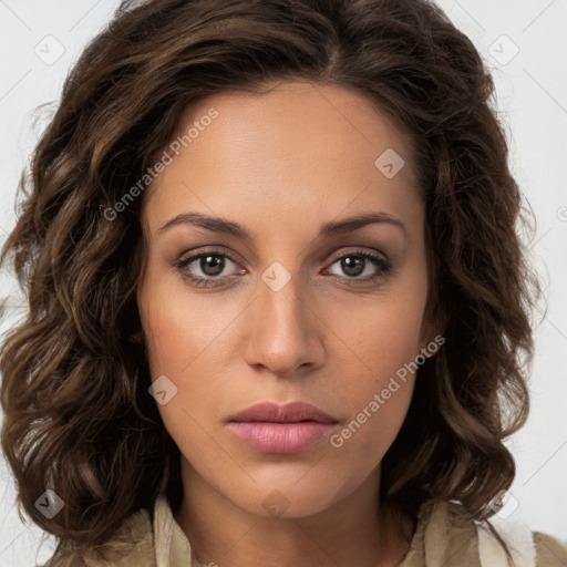 Neutral white young-adult female with long  brown hair and brown eyes