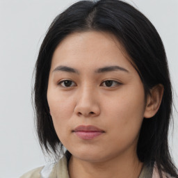 Neutral asian young-adult female with medium  black hair and brown eyes