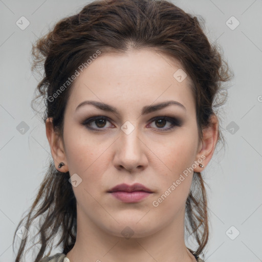 Neutral white young-adult female with medium  brown hair and brown eyes