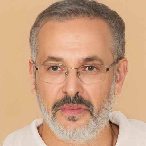 Neutral white middle-aged male with short  gray hair and brown eyes