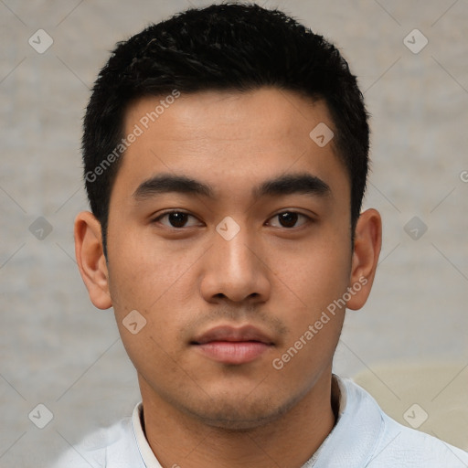 Neutral asian young-adult male with short  black hair and brown eyes