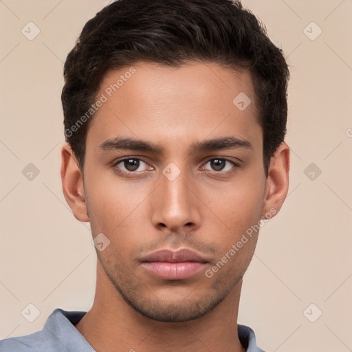 Neutral white young-adult male with short  brown hair and brown eyes