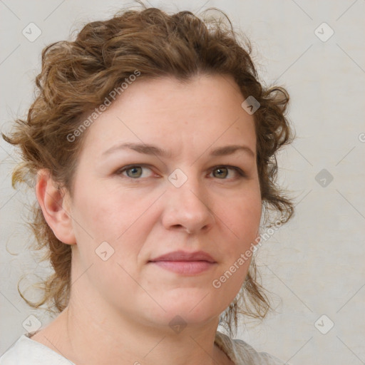 Neutral white young-adult female with medium  brown hair and grey eyes