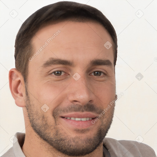 Joyful white young-adult male with short  brown hair and brown eyes