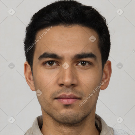 Neutral latino young-adult male with short  black hair and brown eyes