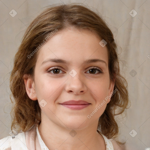 Joyful white child female with medium  brown hair and brown eyes