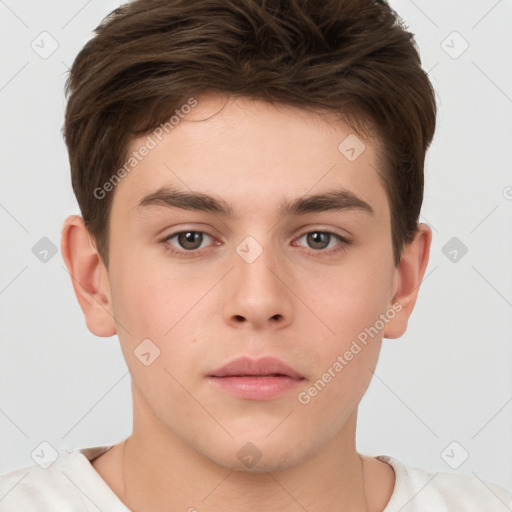 Neutral white young-adult male with short  brown hair and brown eyes