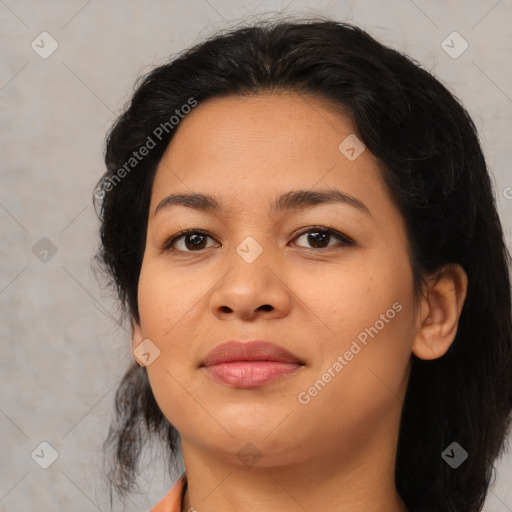 Joyful asian young-adult female with medium  black hair and brown eyes