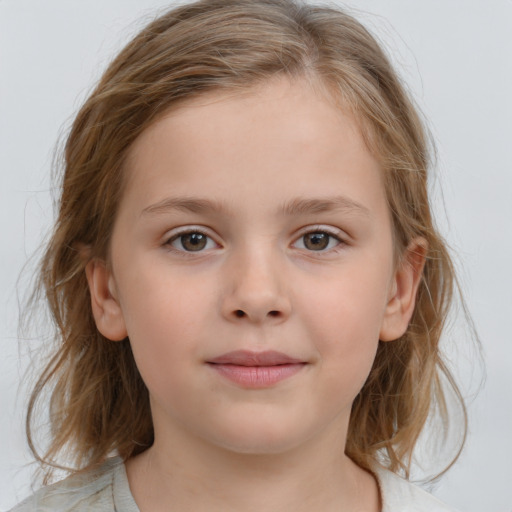 Neutral white child female with medium  brown hair and grey eyes