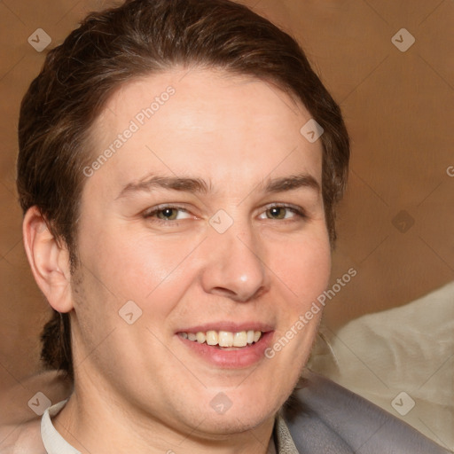 Joyful white adult female with short  brown hair and grey eyes