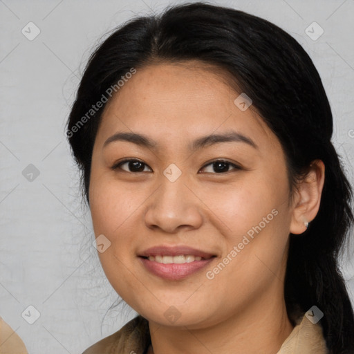 Joyful white young-adult female with long  brown hair and brown eyes