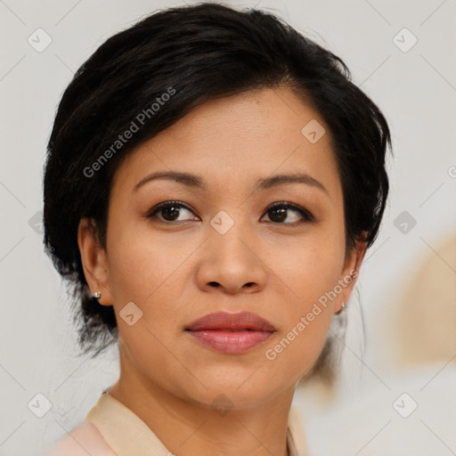 Joyful asian young-adult female with medium  black hair and brown eyes