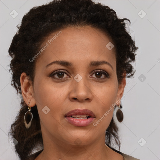 Joyful white adult female with short  brown hair and brown eyes