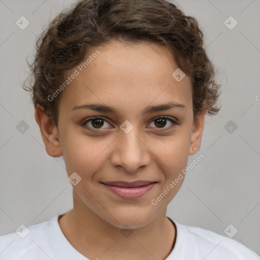 Joyful white child female with short  brown hair and brown eyes