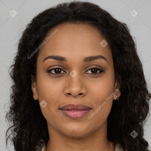 Joyful latino young-adult female with long  brown hair and brown eyes