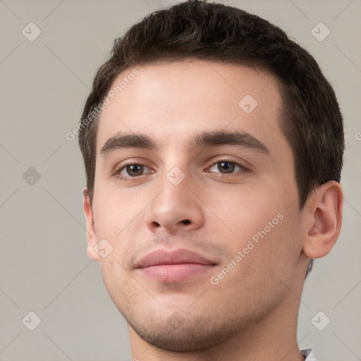 Neutral white young-adult male with short  brown hair and brown eyes