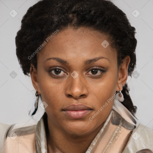 Neutral black young-adult female with short  brown hair and brown eyes