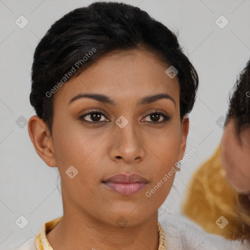 Neutral latino young-adult female with short  brown hair and brown eyes