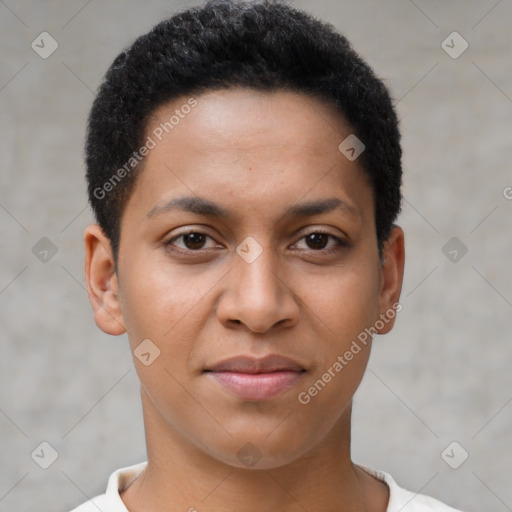 Joyful latino young-adult female with short  brown hair and brown eyes