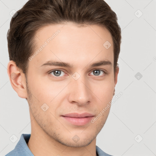 Neutral white young-adult male with short  brown hair and brown eyes