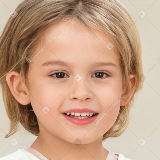 Joyful white child female with medium  brown hair and brown eyes