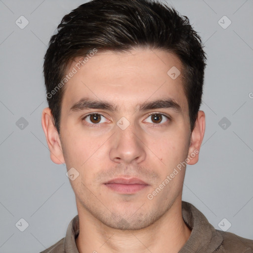 Neutral white young-adult male with short  brown hair and brown eyes