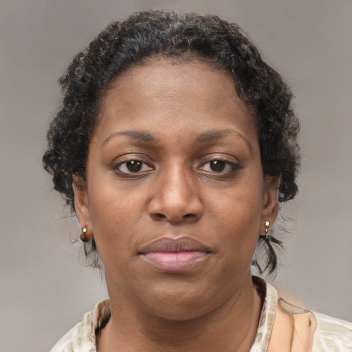 Neutral black adult female with short  brown hair and brown eyes